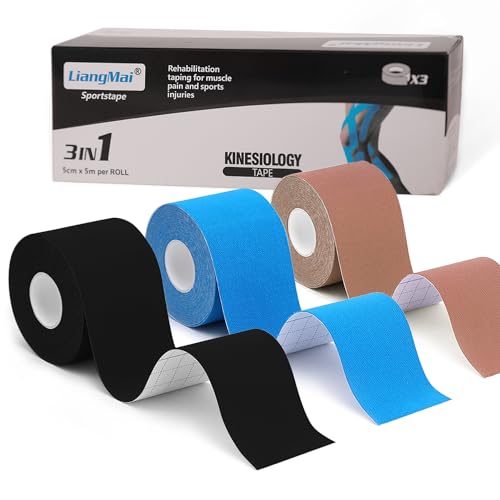 LiangMai Kinesiotape   3 Rollos 5cm x 5m Cinta de Kinesiología Vendaje kinesiológico, impermeable y elástico Physio Tape y Cinta Deportes   Skin Friendly Cintas para la rodilla hombro codo