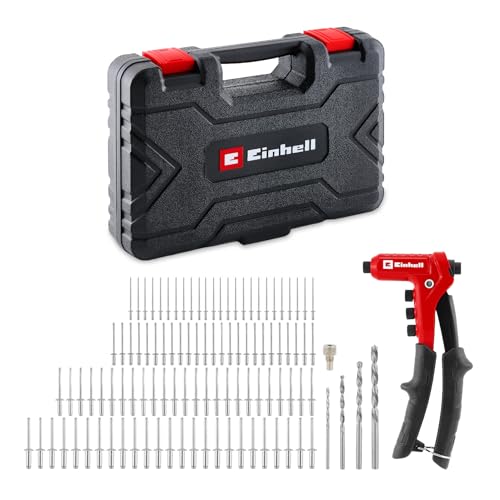 Einhell Blindnietzangen-Set (100 Blindnieten 4 Mundstücke Metallbohrer werkzeugloser Wechsel ergonomischer Griff Koffer mit Verschluss einhändig bedienbar)