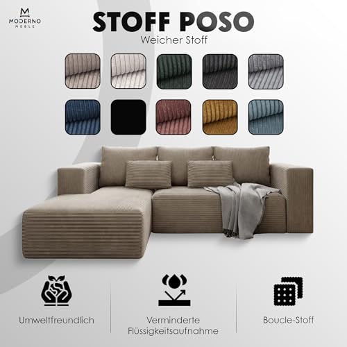 Moderno Corner Sofa with Sleep Function Stripes - Sofa with 3-Seater and Robust Cover - L-Shape Sofa Bed - Modern Couch Cord - 255 x 73 x 161 cm - Right, Creamy - Image 2