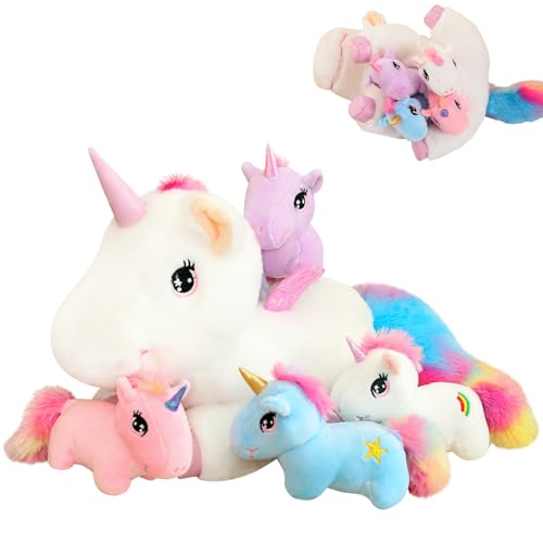 SQEQE Niedliche Einhorn Stofftiere mit 4 Baby Einhorn Plüschtiere in ihrem Bauch Regenbogen Fliegendes Plüschkissen Spielzeug mit Flügeln Valentinstag Geburtstagsgeschenke für Jungen Mädchen