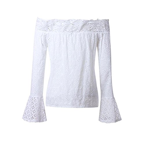 Minetom Femmes Amincissant Chic Epaule Chemisier Dentelle en Vrac Épaule Nu Manche Longue Chemise T-Shirt Lâche Tops De Plage Blanc FR 40