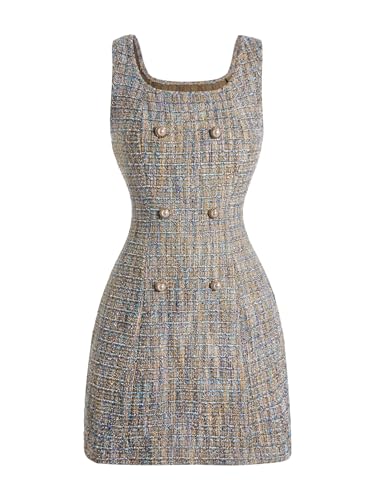 Image of Floerns Women's Plaid Tweed Dress Sleeveless Square Neck Elegant Work Mini Dress