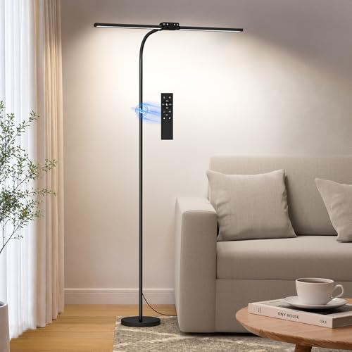 Image of SIBRILLE LED Floor Lamp, 24W Dual Head Dimmable Standing Lamp with Remote & Touch Control, Adjustable Gooseneck, 3000K-6500K Modern Reading Lamp for Living Room, Bedroom, Office & Crafts