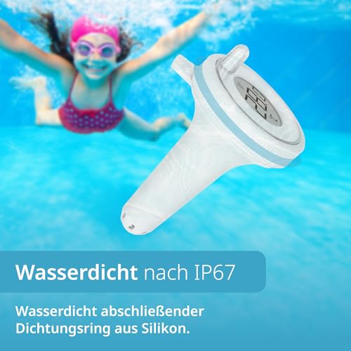 ADE Poolthermometer schwimmend | Pool Thermometer funk für Schwimmbad, Whirlpool, Badewanne, Teich | Wasserthermometer mit Außensensor | inkl. Batterien