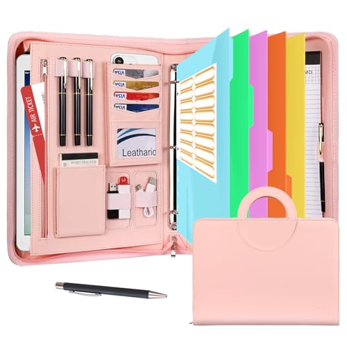 Leathario Portfolio Binder, Includes 5 Folder Index Dividers, 13 Inch Tablets Organizer with Handle, Vegan Leather A4 Padfolio, Multi-Pocket Notepad Business Planner Professional Document