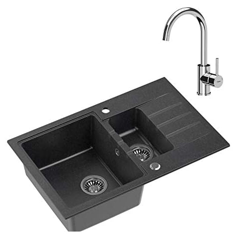 VBChome Spüle mit Armatur 78 x 50 cm Tiefes Becken 20cm 1,5 Becken Küche Große Abtropfflache ab 55 cm Einbauspüle Gesprenkelt Verbundspüle Küchenspüle + Siphon Wasserhahn Chrom Cover