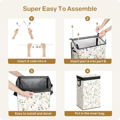 SOLEDI Laundry Hamper with Lid, 90L Tall & Large Floral Laundry Basket, Collapsible Clothes Hamper with Removable Bag, Dirty Hampers for Bedroom, Bathroom, Laundry Room