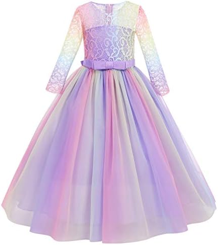 Rainbow Flower Girl Long Princess Dress Vintage Lace Maxi Gown Kids Formal Wedding Bridesmaid Pageant Tulle Dresses Big Girls Bowknot Dance Communion Birthday Prom Dresses Colorful Purple 9-10 Years