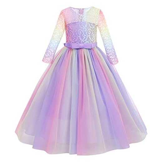 Brudnäbbsklänning flicka, prinsessa, festlig, barn, flickklänning, festkläder, bröllop, festklänning, brudtärna, spets, tyll, cocktailklänning, elegant, lång aftonklänning, nattvard, storlek 104–152, Regnbåge-lila, 11-12 År