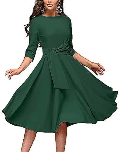 Women s Elegance Audrey Hepburn Style Ruched Dress Round Neck 3 4 Sleeve Swing Midi A-line Dresses Green