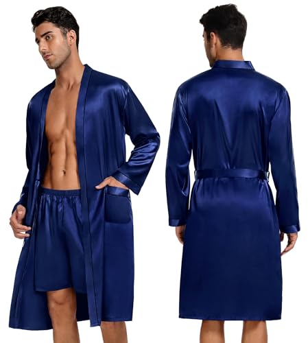 Image of SWOMOG Mens 3 PCS Satin Robe with Pants & Shorts Set Kimono Bathrobe Long Sleeve Sleepwear Pjs Sets with Pockets