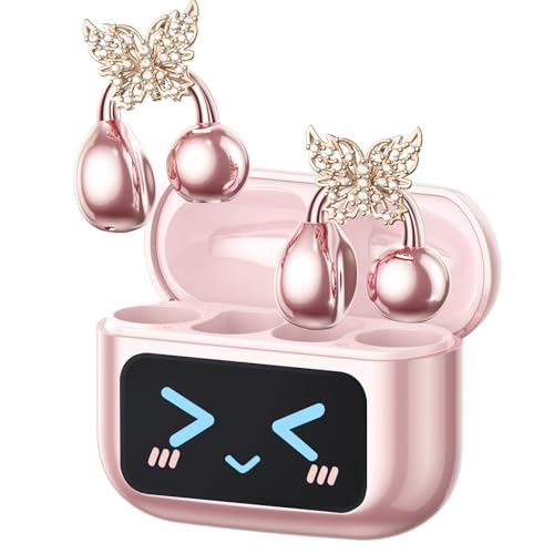 Image of PAXA Stylish Clip On Earbuds with Removable Gold Butterfly Earring, Open Ear Earbuds with LCD Touch Screen, Fashionables Open Ear Headphones for Women, Butterfly Earring Rose Gold M100