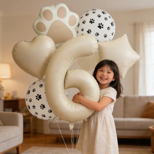 Image of 6th Birthday Dog Paw Balloons Set,18'' Paw Prints, Heart,Star,Paw Shaped Foil Balloon 40 Inch Cream Number 6 Helium balloons for Puppy Themed Third Anniversary Birthday Party Decorations Supplies 6PCS
