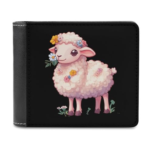 Cute Sheep with Flower Bifold Wallet PU Leather Slim Purse Pocket Wallet with Card Holder for Women Men