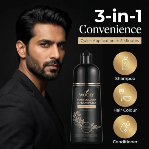 Image of Wooly Hair Colour Shampoo, Ammonia-Free, Natural Black, 180ml, Grey Coverage, for Indian Hair, with Noni Fruit Extracts, Olive Oil and Aloe Vera