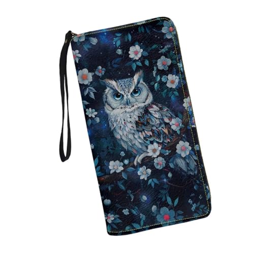 Women Clutch Wallet Owl Floral Print Credit Card Holder Purse Long PU Leather Cash with Wristlet
