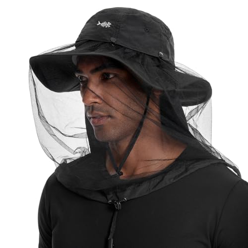 Image of BASSDASH UPF 50+ Mosquito Sun Hat with Hidden Head Net and Neck Flap for Men Women Outdoor Fishing Hiking Camping