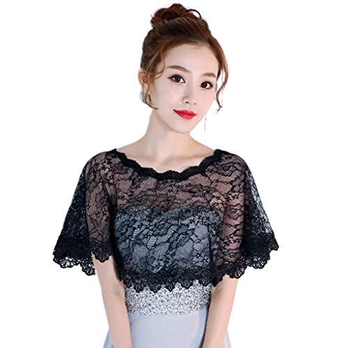 Wedding Shawl Womens Summer Sunscreen Floral Lace Cape Wrap Crochet Sheer Pleated Wedding Brid, Black