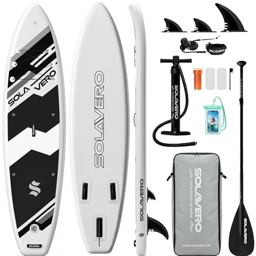 SOLAVERO Inflatable Stand Up Paddle Board, 11' SUP for Adults, Non-Slip Deck for Fishing, Portable Blow Up Paddleboard with Accessories for Beginner, All Skill Levels