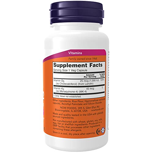 Now Supplements, Vitamin D-3 & K-2, 1,000 Iu/45 Mcg, Plus Cardiovascular Support*, Supports Bone Health*, 120 Veg Capsules #TOP1