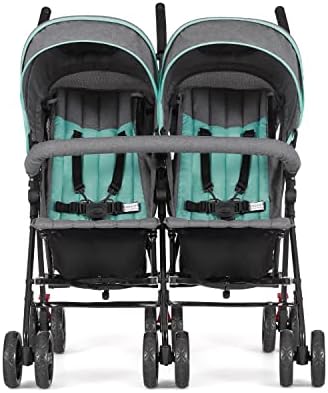 Dream On Me Volgo Twin Umbrella Stroller in Mint, Lightweight Double Stroller for Infant & Toddler, Compact Easy Fold, Large Storage Basket, Large and Adjustable Canopy