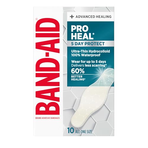 BAND-AID Brand Pro Heal Ultra-Thin Hydrocolloid for Advanced Healing, 100% Waterproof Adhesive Bandages for Less Scarring Versus Uncovered Wound, One Size, 10 ct