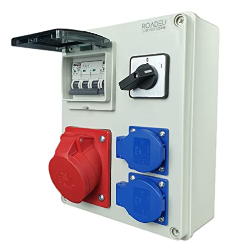 RoadEu Stromverteiler 16A 5P, 2x Schuko Steckdosen mit Hauptschalter 0-1. CEE Verteiler mit Sicherungsautomat C 16A 3P, C 16A 1P. Baustromverteiler 16A. Stromverteiler Aussen Wasserdicht IP44
