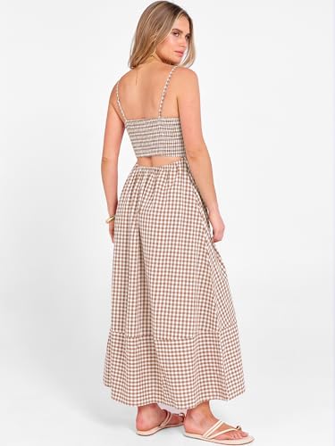 Image of Caracilia Womens Maxi Dresses Gingham Spaghetti Strap Back Smocked Flowy Long Sundress Summer Beach Vacation Clothes 2026