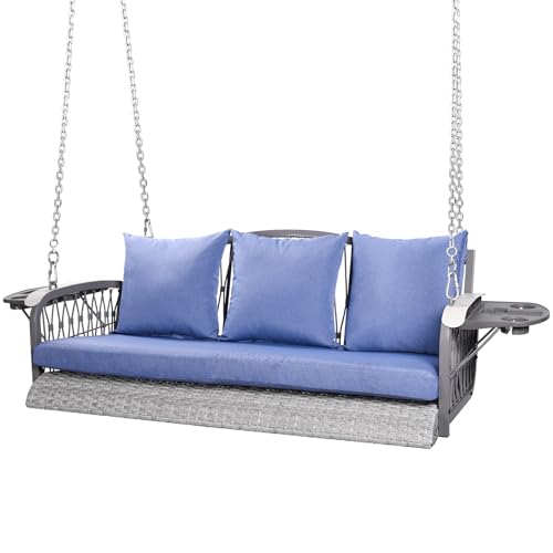 ZZW Wicker Porch Swing Heavy Duty 900 LBS 3-Seat Outdoor Patio Swing Chair with Cushions & 8.9ft Chains Outdoor Hanging Bench with Upgraded Cup Holders for Garden Deck Backyard