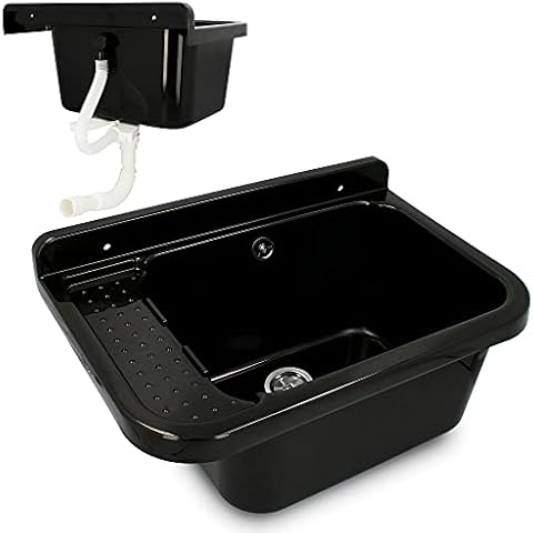 Ausgussbecken Kunststoff Mit Siphon & Montageset 60 cm x 34 cm x 21 cm Spülbecken Schwarz Cover