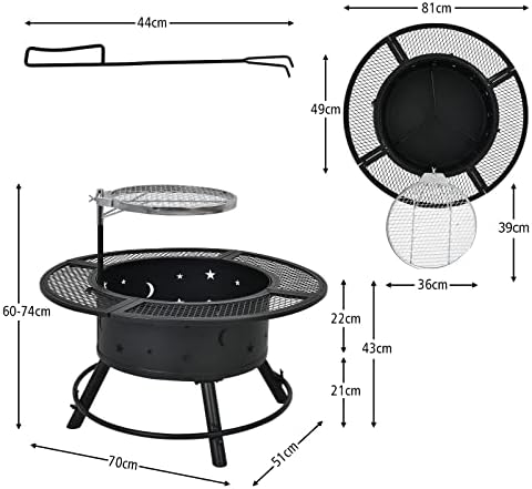 COSTWAY 81cm Outdoor Fire Pit with BBQ Grill, 2-in-1 Garden Patio Heater with Adjustable & 360° Swivel Grate and Poker, Charcoal Log Wood Burner Brazier Fire Bowl for Camping Picnic