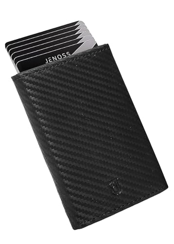Image of Jenoss Smart Wallet For Men: Full Grain Leather, Handcrafted, Slide Metal Pop Up Case, Slim RFID Blocking Credit Card Holder, Minimalist, Compact - 9-12 Card Organizers | ID | Money Clip (Carbon)