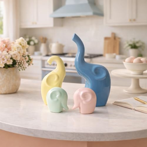 Image of Xtore Ceramic Home Decor 4 Elephant Family Figurine with Piano Gloss Finish | Pastel Color | for Home /Office /Living Room /Kitchen /Gifting - (Set of 4, Multicolor)