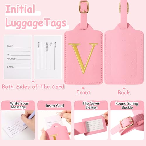 Image of Unique Initial Letter Luggage Tags for Suitcases, Monogrammed Suitcase Luggage Identifier Tag,PU Leather TSA Approved Luggage Tags,Bag Tags for Men Women Kids Luggage Baggage(Pink V)