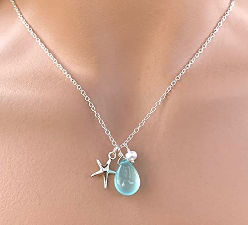 Miniatura 2 de Aqua Blue Chalcedony Starfish Necklace, Sterling Silver, Elegant Gifts For Mom, Her, Wife, Women, Birthdays, Mothers Day, Brides, Bridesmaids, 18