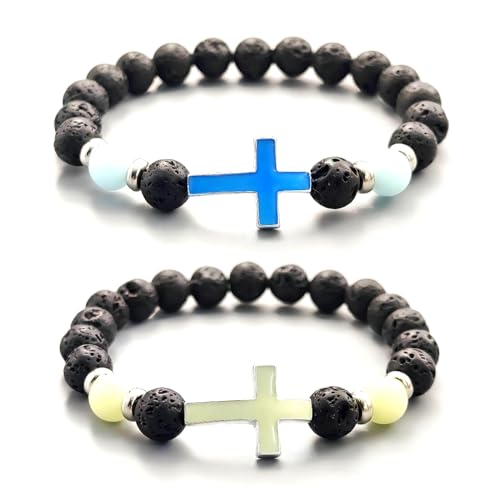 2Pcs Cross luminous Matching Bracelets for Women Men Bracelets Birthday Gifts for Couples Friendship Stretch Beaded Adjustable Bracelet
