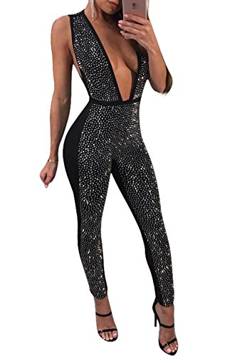 Lettre d'amour Las Mujeres con Cuello En V Profundo Escote En La Espalda De Strass Skinny Pantalones Largos Peleles Monos Black M