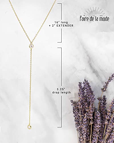 Dainty Drop Lariat Necklace for Women, 16" to 18" adjustable length (Gold, Double CZ Lariat) - Thumbnail 5