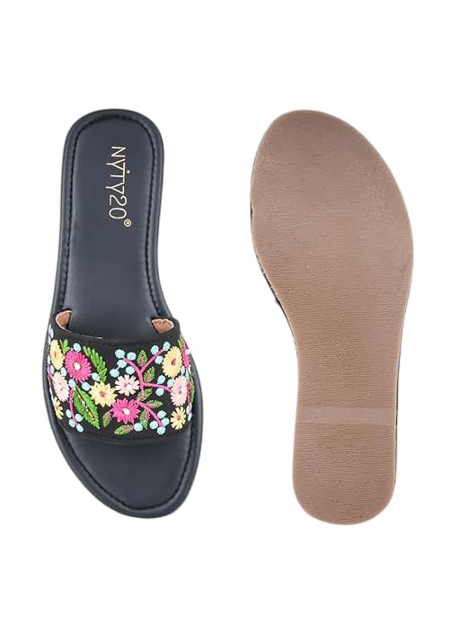 Women's Floral Embroidered Slide Sandal, Black, Open Toe Flat Slip-On, Casual Summer Shoe-image-11