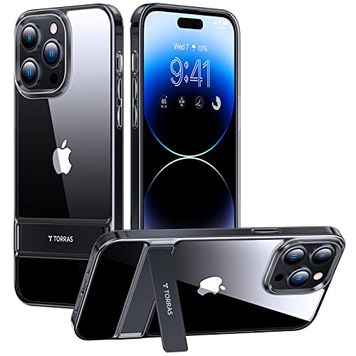 TORRAS MoonClimber Designed for iPhone 14 Pro Case Clear with Stand, Metal Kickstand, Non-Yellowing, 10FT Military Drop Protective Shockproof Slim Hard Case for 14 Pro Phone Case with Kickstand, Black
