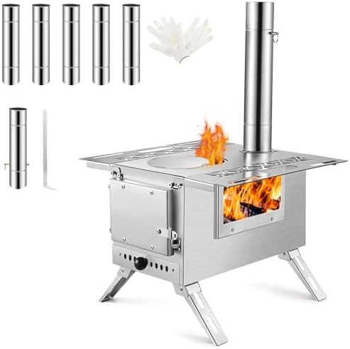 Wood Stove, Portable Wood Burning Stove with 6 Chimney Pipes, View Glass & Glove, Fast-Burning, Foldable Stainless Steel Hot Tent Stove for Ice Fishing, Cooking, Heating, Outdoor Camping Stoves
