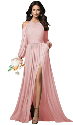 HYY Halter Long Sleeve Bridesmaid Dresses with Slit Pockets Cold Shoulder Ruched Chiffon Formal Prom Dress Evening Gown4