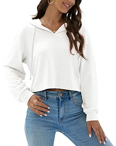 Newffr Women's Casual Long Sleeve Drawstring Cropped Hoodie Solid V Neck Workout Crop Sweatshirt Tops White #TOP26