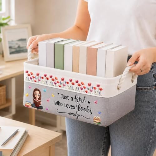 Just A Girl Who Loves Books - Personalized Basket for Bookish Girls, Birth Month Flower Cartoon Reading Girl Storage Basket, Book Lover Flower Print Decoration, Book Lover Gift for Women, Bookish Gift