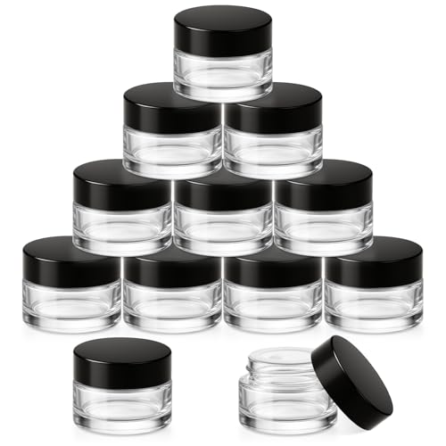 Bumobum 12 Pcs 5 Grams Small Glass Cosmetic Jars with Lids Lip Balm Sample Containers with Inner Liners for Lip Scrub Makeup Eye Cream Travel