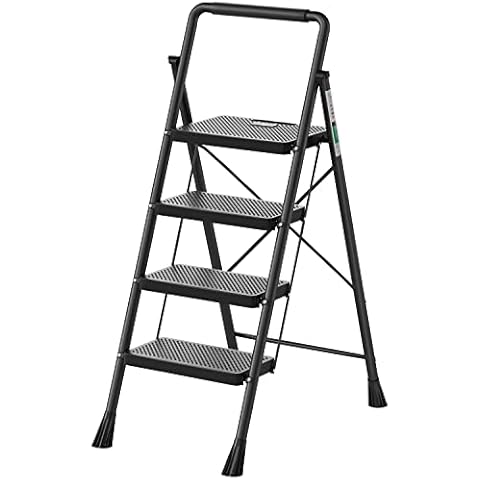 4 Step Ladder, RIKADE Folding Step Stool, Step Stool with Wide Anti-Slip Pedal, Lightweight, Portable Folding Step Ladder with Handgrip, Multi-use Steel Ladder for Household and Office Black Cover