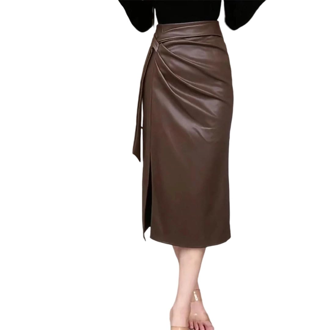 Womens French Leather Midi Skirt High Waist Ribbon Side Slit A-Line Hip Hugging Skirts
