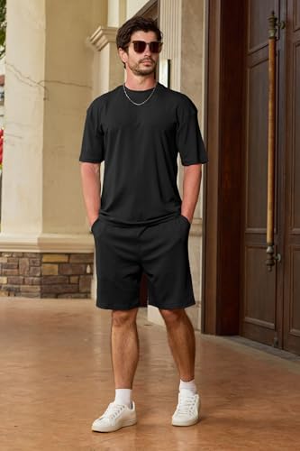 Lexiart Mens Casual 2 Piece Outfits-Short Sleeve Athletic Set Oversize T-Shirts Drawstring Tracksuit Set2