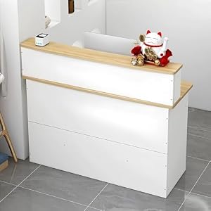 LumingLight業務用 レジカウンター 無人受付デスク 木製 大容量収納 高い耐荷重 店舗・企業フロントに最適 (白+木色,80cm) [並行輸入品]