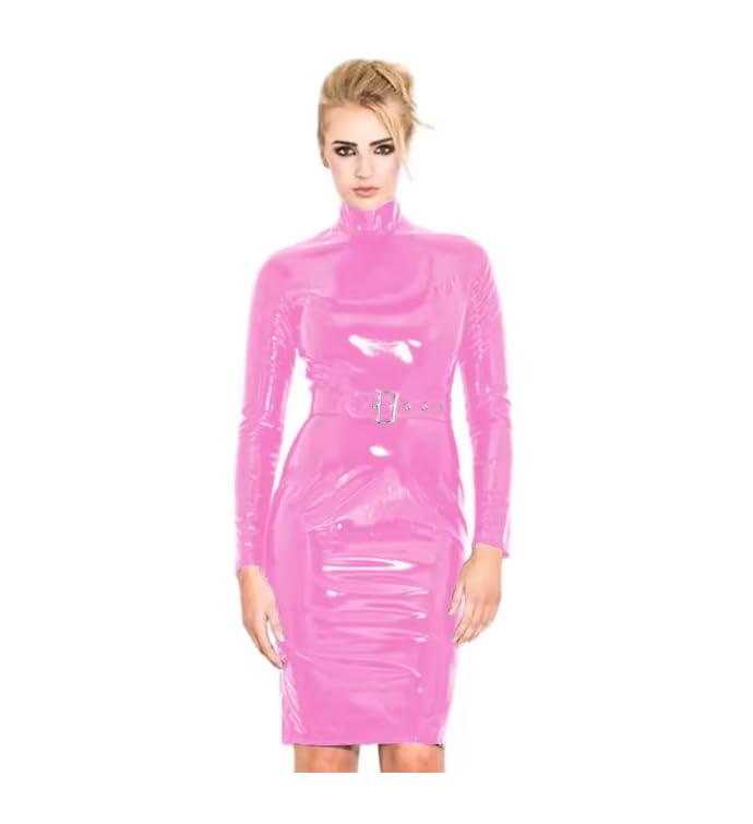 XINLIANYI Vestido ajustado elegante con cuello alto, manga larga, vestido tipo lápiz, cinturón de PVC, ropa de calle hecha a medida, rosa, XS